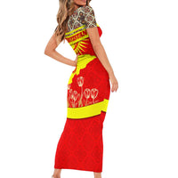 Kyrgyzstan Eagle and Tulip Short Sleeve Bodycon Dress with Red Ethnic Pattern with National Sun Emblem - Wonder Print Shop