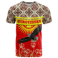 Kyrgyzstan Eagle and Tulip T Shirt with Red Ethnic Pattern with National Sun Emblem - Wonder Print Shop