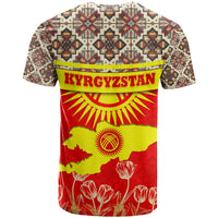 Kyrgyzstan Eagle and Tulip T Shirt with Red Ethnic Pattern with National Sun Emblem - Wonder Print Shop