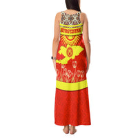 Kyrgyzstan Eagle and Tulip Tank Maxi Dress with Red Ethnic Pattern with National Sun Emblem - Wonder Print Shop