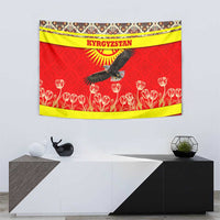 Kyrgyzstan Eagle and Tulip Tapestry with Red Ethnic Pattern with National Sun Emblem - Wonder Print Shop