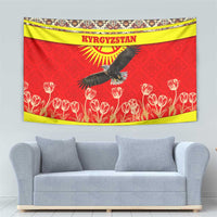 Kyrgyzstan Eagle and Tulip Tapestry with Red Ethnic Pattern with National Sun Emblem - Wonder Print Shop