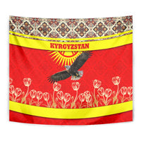 Kyrgyzstan Eagle and Tulip Tapestry with Red Ethnic Pattern with National Sun Emblem - Wonder Print Shop