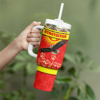 Kyrgyzstan Eagle and Tulip Tumbler With Handle with Red Ethnic Pattern with National Sun Emblem - Wonder Print Shop
