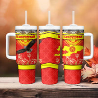Kyrgyzstan Eagle and Tulip Tumbler With Handle with Red Ethnic Pattern with National Sun Emblem - Wonder Print Shop