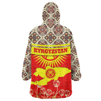 Kyrgyzstan Eagle and Tulip Wearable Blanket Hoodie with Red Ethnic Pattern with National Sun Emblem - Wonder Print Shop