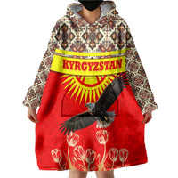 Kyrgyzstan Eagle and Tulip Wearable Blanket Hoodie with Red Ethnic Pattern with National Sun Emblem - Wonder Print Shop