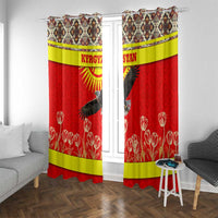 Kyrgyzstan Eagle and Tulip Window Curtain with Red Ethnic Pattern with National Sun Emblem - Wonder Print Shop