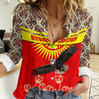 Kyrgyzstan Eagle and Tulip Women Casual Shirt with Red Ethnic Pattern with National Sun Emblem - Wonder Print Shop