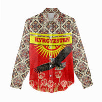 Kyrgyzstan Eagle and Tulip Women Casual Shirt with Red Ethnic Pattern with National Sun Emblem - Wonder Print Shop
