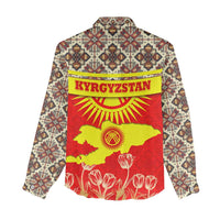 Kyrgyzstan Eagle and Tulip Women Casual Shirt with Red Ethnic Pattern with National Sun Emblem - Wonder Print Shop