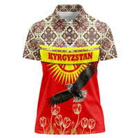 Kyrgyzstan Eagle and Tulip Women Polo Shirt with Red Ethnic Pattern with National Sun Emblem - Wonder Print Shop