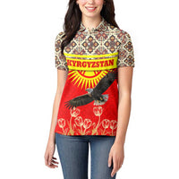 Kyrgyzstan Eagle and Tulip Women Polo Shirt with Red Ethnic Pattern with National Sun Emblem - Wonder Print Shop