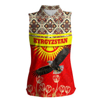 Kyrgyzstan Eagle and Tulip Women Sleeveless Polo Shirt with Red Ethnic Pattern with National Sun Emblem - Wonder Print Shop