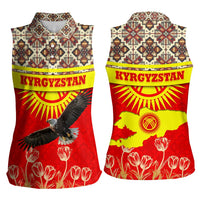 Kyrgyzstan Eagle and Tulip Women Sleeveless Polo Shirt with Red Ethnic Pattern with National Sun Emblem - Wonder Print Shop