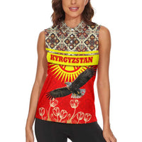 Kyrgyzstan Eagle and Tulip Women Sleeveless Polo Shirt with Red Ethnic Pattern with National Sun Emblem - Wonder Print Shop