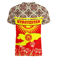 Kyrgyzstan Eagle and Tulip Women V-Neck T-Shirt with Red Ethnic Pattern with National Sun Emblem - Wonder Print Shop