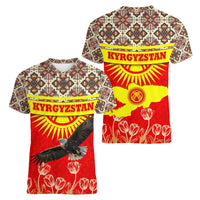 Kyrgyzstan Eagle and Tulip Women V-Neck T-Shirt with Red Ethnic Pattern with National Sun Emblem - Wonder Print Shop