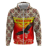 Kyrgyzstan Eagle and Tulip Zip Hoodie with Red Ethnic Pattern with National Sun Emblem - Wonder Print Shop