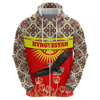 Kyrgyzstan Eagle and Tulip Zip Hoodie with Red Ethnic Pattern with National Sun Emblem - Wonder Print Shop