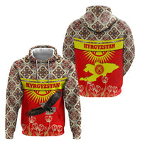 Kyrgyzstan Eagle and Tulip Zip Hoodie with Red Ethnic Pattern with National Sun Emblem - Wonder Print Shop