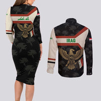 Iraq Golden Eagle Emblem Couples Matching Long Sleeve Bodycon Dress and Long Sleeve Button Shirt with Flag Stripes and National Arabic Script Design - Wonder Print Shop