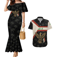 Iraq Golden Eagle Emblem Couples Matching Mermaid Dress and Hawaiian Shirt with Flag Stripes and National Arabic Script Design - Wonder Print Shop