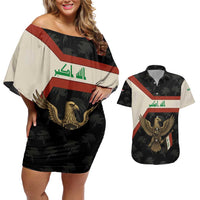 Iraq Golden Eagle Emblem Couples Matching Off Shoulder Short Dress and Hawaiian Shirt with Flag Stripes and National Arabic Script Design - Wonder Print Shop