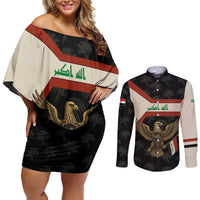 Iraq Golden Eagle Emblem Couples Matching Off Shoulder Short Dress and Long Sleeve Button Shirt with Flag Stripes and National Arabic Script Design - Wonder Print Shop