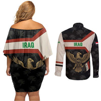 Iraq Golden Eagle Emblem Couples Matching Off Shoulder Short Dress and Long Sleeve Button Shirt with Flag Stripes and National Arabic Script Design - Wonder Print Shop