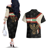 Iraq Golden Eagle Emblem Couples Matching Off The Shoulder Long Sleeve Dress and Hawaiian Shirt with Flag Stripes and National Arabic Script Design - Wonder Print Shop