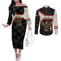 Iraq Golden Eagle Emblem Couples Matching Off The Shoulder Long Sleeve Dress and Long Sleeve Button Shirt with Flag Stripes and National Arabic Script Design - Wonder Print Shop