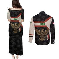 Iraq Golden Eagle Emblem Couples Matching Puletasi and Long Sleeve Button Shirt with Flag Stripes and National Arabic Script Design - Wonder Print Shop