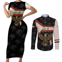 Iraq Golden Eagle Emblem Couples Matching Short Sleeve Bodycon Dress and Long Sleeve Button Shirt with Flag Stripes and National Arabic Script Design - Wonder Print Shop
