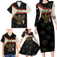 Iraq Golden Eagle Emblem Family Matching Long Sleeve Bodycon Dress and Hawaiian Shirt with Flag Stripes and National Arabic Script Design - Wonder Print Shop