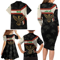 Iraq Golden Eagle Emblem Family Matching Long Sleeve Bodycon Dress and Hawaiian Shirt with Flag Stripes and National Arabic Script Design - Wonder Print Shop