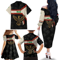 Iraq Golden Eagle Emblem Family Matching Off The Shoulder Long Sleeve Dress and Hawaiian Shirt with Flag Stripes and National Arabic Script Design - Wonder Print Shop