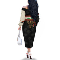 Iraq Golden Eagle Emblem Family Matching Off The Shoulder Long Sleeve Dress and Hawaiian Shirt with Flag Stripes and National Arabic Script Design - Wonder Print Shop