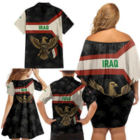 Iraq Golden Eagle Emblem Family Matching Off Shoulder Short Dress and Hawaiian Shirt with Flag Stripes and National Arabic Script Design - Wonder Print Shop