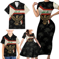 Iraq Golden Eagle Emblem Family Matching Short Sleeve Bodycon Dress and Hawaiian Shirt with Flag Stripes and National Arabic Script Design - Wonder Print Shop