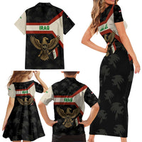Iraq Golden Eagle Emblem Family Matching Short Sleeve Bodycon Dress and Hawaiian Shirt with Flag Stripes and National Arabic Script Design - Wonder Print Shop