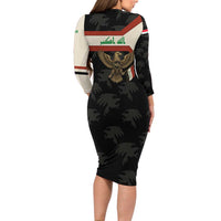 Iraq Golden Eagle Emblem Long Sleeve Bodycon Dress with Flag Stripes and National Arabic Script Design - Wonder Print Shop