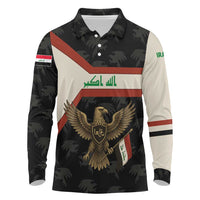 Iraq Golden Eagle Emblem Long Sleeve Polo Shirt with Flag Stripes and National Arabic Script Design - Wonder Print Shop