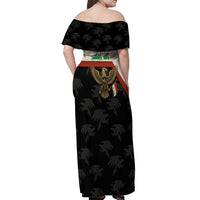 Iraq Golden Eagle Emblem Off Shoulder Maxi Dress with Flag Stripes and National Arabic Script Design - Wonder Print Shop