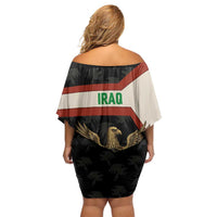 Iraq Golden Eagle Emblem Off Shoulder Short Dress with Flag Stripes and National Arabic Script Design - Wonder Print Shop