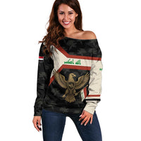 Iraq Golden Eagle Emblem Off Shoulder Sweater with Flag Stripes and National Arabic Script Design - Wonder Print Shop