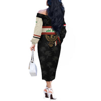 Iraq Golden Eagle Emblem Off The Shoulder Long Sleeve Dress with Flag Stripes and National Arabic Script Design - Wonder Print Shop