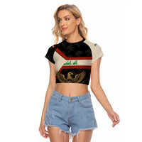 Iraq Golden Eagle Emblem Raglan Cropped T Shirt with Flag Stripes and National Arabic Script Design - Wonder Print Shop