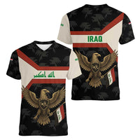 Iraq Golden Eagle Emblem Women V-Neck T-Shirt with Flag Stripes and National Arabic Script Design - Wonder Print Shop