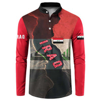 Iraq Flag Texture Button Sweatshirt with Golden Eagle Emblem and Cracked Earth Background Design - Wonder Print Shop